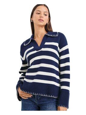 Rails Athena Navy & Ivory Striped Johnny Collar Sweater Medium 100% Cotton Nauti